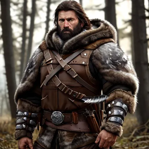 Prompt: photoshot cinematic full body portrait of a strong bearded hunter male human with a hood and a wolf, hunting, wearing basic leather armor,  with rustic camouflage details including leaves.  , Forest background, D&D setting, perfect composition, hyperrealistic, super detailed, 8k, high quality, trending art, trending on artstation, sharp focus, studio photo, intricate details, highly detailed, 