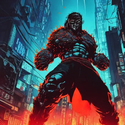 Prompt: muscular face-masked villain called BlisterFist. Blood spatters. Very Dark image with lots of shadows. Background partially destroyed neo Tokyo. Noir anime. Gritty. Dirty. Blue and orange Neon accents. Armour