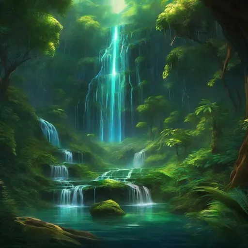 Prompt: Envision a glowing waterfall in a lush forest. Fantasy, another dimension
