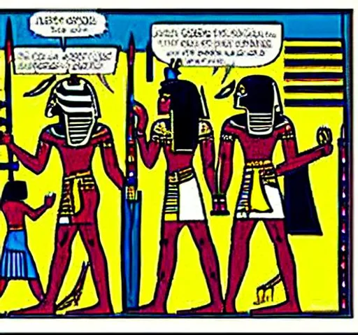 Prompt: Entire Comic book strip Egyptian children two boys laughing running fast Pharos guard chasing  very detailed graphics unreal engine 5 style ancient Egyptian set background chaos as the two children run through carrying highly detailed  broken vase marvel comics  style 