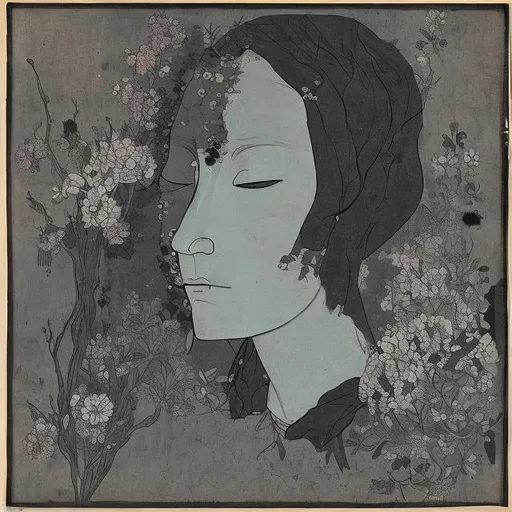 Prompt: Portrait with obscure and indistinct shapes. The person’s face is covered out of flowers, making it difficult to distinguish whether it was a man or a woman. The person is crying is tears of azure and obsidian shades 
It is a front view
