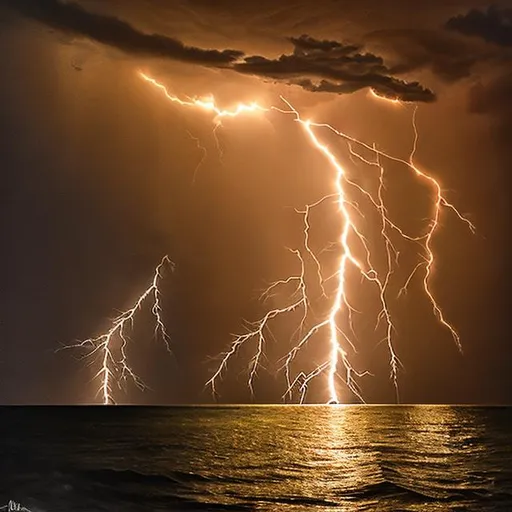Prompt: lightning at night overthe sea 