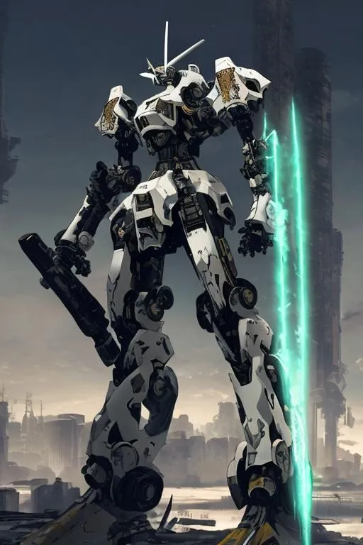 Prompt: A white mecha with complex design with a long sword and a rifle with a ruined city as background