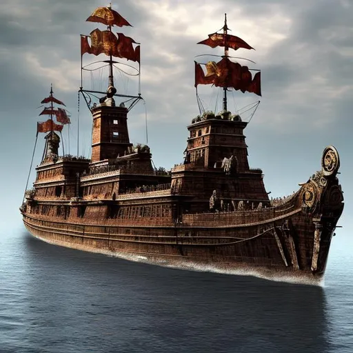 Prompt: Ancient Roman Battleship, Iron, Wood, Spears, Cannons, Ancient, Rome