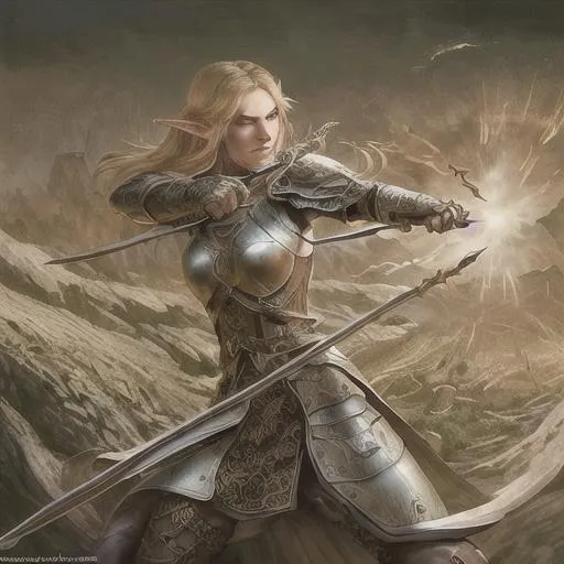 Prompt: portrait of a (Adult female half wood elf druid in battle swinging a quarterstaff),wearing leather armor, War background, D&D setting. perfect composition, hyperrealistic, super detailed, 8k, high quality, trending art, trending on artstation, sharp focus, studio photo, intricate details, highly detailed, by greg rutkowski and alphonse mucha