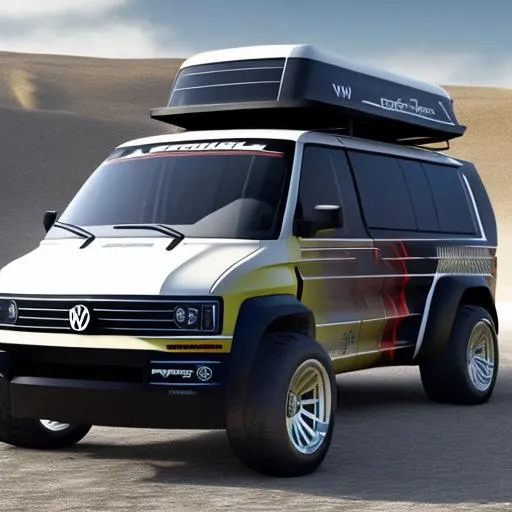 Prompt: Specced out rally version of the vw transporter, with a v12 in the back, with an enormous and complicated tear wing