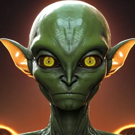 Prompt: An alien humanoid who has golden eyes, orange eyebrows and greenish skin.