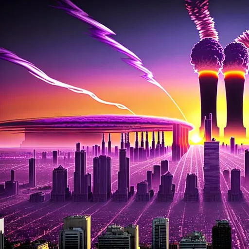 Prompt: purple sunset modern city filled with towers with nuclear explosion