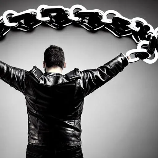 Prompt: A bulky man in a leather jacket and black jeans with chains coiling around his arms as he stares into the abyssal darkness around himself