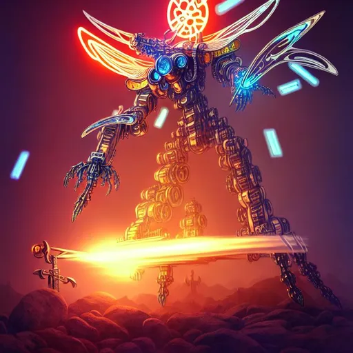 Prompt:  highly detailed godly supreme ufo mecha wearing big cross glowing symbol and glowing scythe, rhads, beeple, alphonse mucha,  clever global illumination, highly detailed and intricate environment, explosion of crystals, madhouse studio, hdr forest