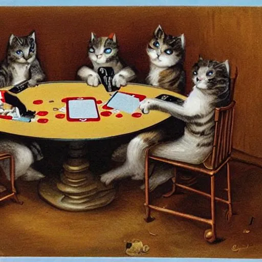 Cats Playing Cards At A Poker Table. 