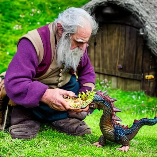 Prompt: An elderly Hobbit farmer that's feeding his small newt-like dragon some food. black and purple newt, beardless hobbit, no beard,