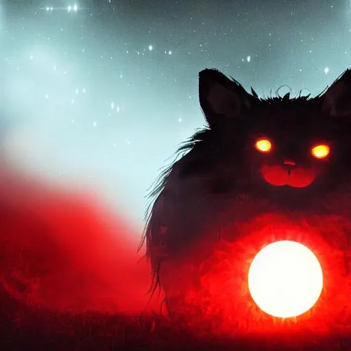 Prompt: Photorealistic, small fluffball, fluffy, round creature, red, glowing fur, big, black, shining eyes. Centered. 