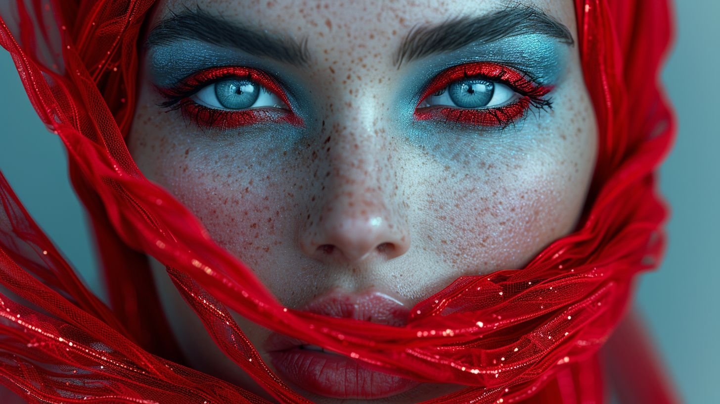 Prompt: A digital art rendering of a close-up of a Middle Eastern woman's face, wrapped in flowing red ribbons against a neutral backdrop. The subtle blue tint of her skin contrasts with the vibrant red motifs. Her striking red eyeshadow aligns with her radiant lips, augmenting the otherworldly feel.