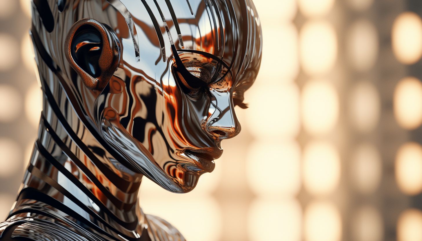 Prompt: an abstract image of a futuristic woman head with a zebra stripe, in the style of vray tracing, chrome reflections, futuristic robots, light silver and bronze, tabletop photography, 8k resolution, symmetrical figures --ar 128:73 --v 5.2