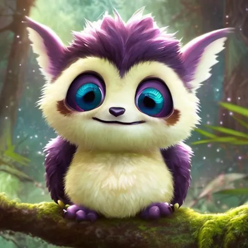 Prompt: small fantasy animal or creature. safe for kids. creature is a mix of a bird, a cat and a panda, and it is sitting in a softly lit forest. The creature has big anime style eyes and wings. The creature is cute and rendered in the style of Pixar or Dreamworks animation. 