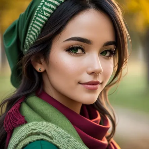 Prompt: a woman wearing a green scarf