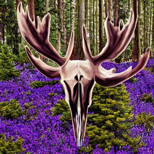 Moose skull in pine forest purple delusional dream l… | OpenArt