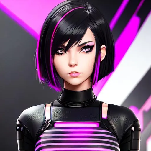 Prompt: cyber punk, insanely beautiful 16 year old girl. black with pink streaks bob cut hair.  wearing a tight black top and black jeans. perfect grey eyes. perfect anatomy. symmetrically perfect face. hyper realistic. soft colours. no extra limbs or hands or fingers or legs or arms. full body view.