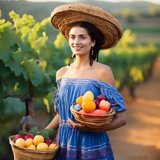 Prompt: A white woman carrying a basket of fruit on her head, standing in a vineyard, she is wearing a blue dress.