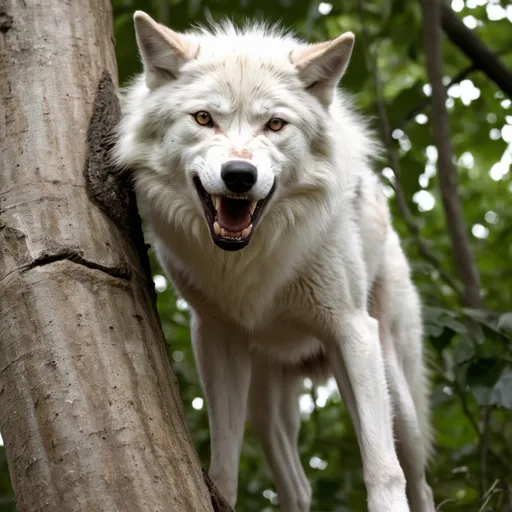 Prompt: low angle, 1wolf, white fur, albino, black stripes, growling, climbing a tree, jungle, big