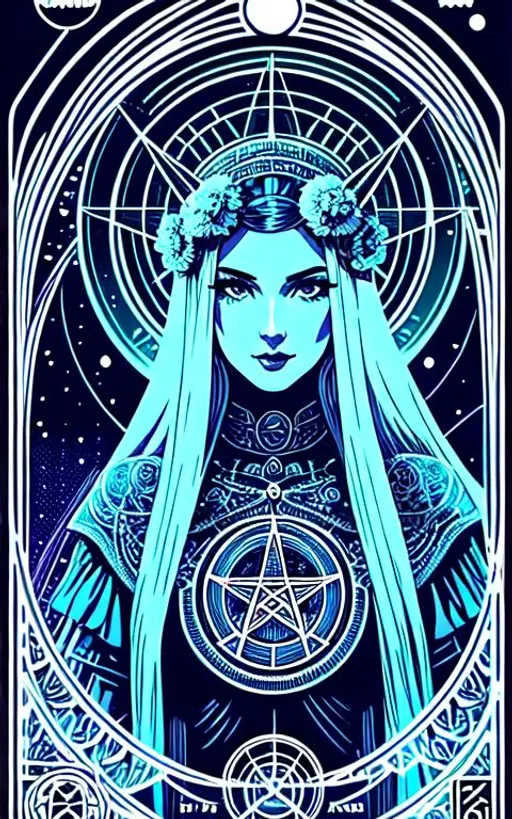 Prompt: tarot card style + goddess portrait, vintage detailed sci-fi illustration, pentagram + intricate Celtic ink illustration + symmetry 