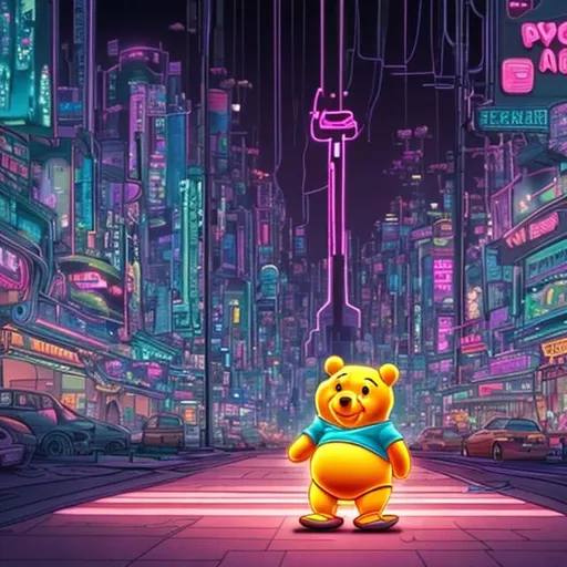 Prompt: Pooh walking in a neon city