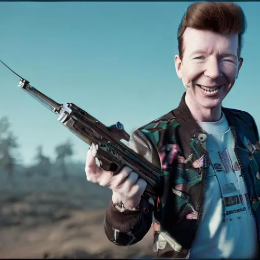 Prompt: rick astley holding ak-47 while rickrolling you