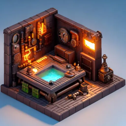 Prompt: cute isometric steampunk forge and anvil in middle, cutaway box, fantasy, highly detailed, made with blender --v 4