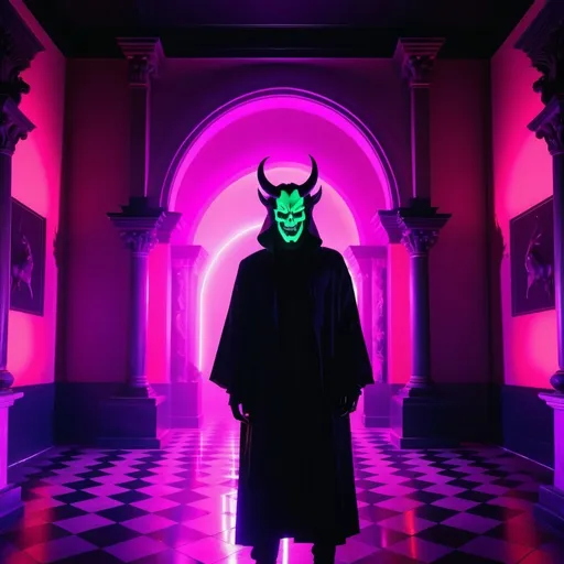 Prompt: demon, hell, demonic, gothic, vaporwave, retro, neon, aesthetic, liminal, high quality, high definition, beautiful, dramatic lighting