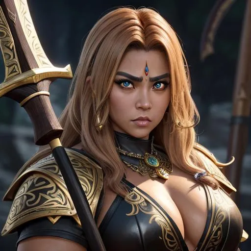 Prompt: masterpiece, splash art, ink painting, beautiful pop idol, D&D fantasy, (40 years old) lightly tanned-skinned gold Dwarf barbarian female, ((beautiful detailed face and large eyes)), ((short, stocky)), raging expression, medium length hazel hair, serious expression looking at the viewer, wearing detailed hide armor holding a huge battle axe above in one hand #3238, UHD, hd , 8k eyes, detailed face, big anime dreamy eyes, 8k eyes, intricate details, insanely detailed, masterpiece, cinematic lighting, 8k, complementary colors, golden ratio, octane render, volumetric lighting, unreal 5, artwork, concept art, cover, top model, light on hair colorful glamourous hyperdetailed medieval city background, intricate hyperdetailed breathtaking colorful glamorous scenic view landscape, ultra-fine details, hyper-focused, deep colors, dramatic lighting, ambient lighting god rays, flowers, garden | by sakimi chan, artgerm, wlop, pixiv, tumblr, instagram, deviantart