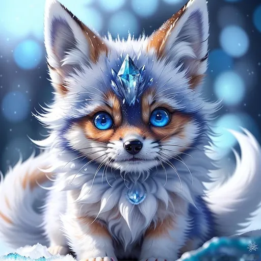 Prompt: (masterpiece, professional oil painting, epic digital art, best quality:1.5), insanely beautiful tiny ((fox kit)), (canine quadruped), ice elemental, silky silver-blue fur covered in frost, timid, ((insanely detailed alert crystal blue eyes, sharp focus eyes)), gorgeous 8k eyes, fluffy silver neck ruff covered in frost, two tails, (plump), fluffy chest, enchanted, magical, finely detailed fur, hyper detailed fur, (soft silky insanely detailed fur), presenting magical jewel, moonlight beaming through clouds, lying in frosted meadow, grassy field covered in frost, cool colors, professional, symmetric, golden ratio, unreal engine, depth, volumetric lighting, rich oil medium, (brilliant auroras), (ice storm), full body focus, beautifully detailed background, cinematic, 64K, UHD, intricate detail, high quality, high detail, masterpiece, intricate facial detail, high quality, detailed face, intricate quality, intricate eye detail, highly detailed, high resolution scan, intricate detailed, highly detailed face, very detailed, high resolution