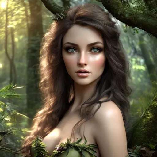 Prompt: HD 4k 3D professional modeling photo hyper realistic beautiful enchanting forest goddess nymph woman dark hair olive skin green eyes gorgeous face nature magical forest flowers and trees butterflies landscape hd background ethereal mystical mysterious beauty full body