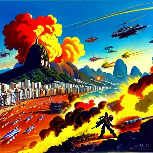Prompt:   War in Rio de Janeiro, Brazil, vibrant colors, scenic, Blanchitsu, John Blanche, sci fi, space marines in a massive battle, soldiers, explosions in background