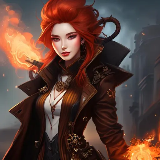 Prompt: Splash art, fire genasi, trench coat, ginger, steampunk, victorian, sci-fi, very detailed character