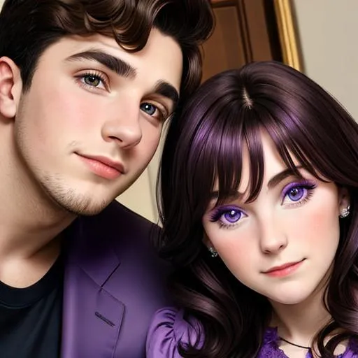 Prompt: Woman wearing a purple dress,  with a young man with dark hair, facial closeup