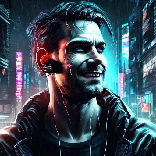 Prompt: cyberpunk 3d art, man with grey eyes, jawline, parted hair style, with earphones, smiling, black hair, dramatic background

