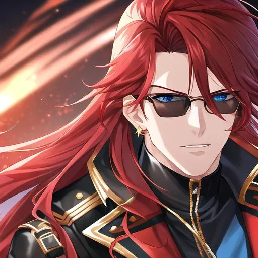 Prompt: Zerif 1male (Red side-swept hair falling between the eyes, sharp and sassy blue eyes), highly detailed face, 8K, Insane detail, best quality, UHD, handsome, flirty, muscular, Highly detailed, insane detail, high quality. black sunglasses resting on his head, gold jewelry, movie star, hollywood, wearing a black leather jacket, tight grey pants