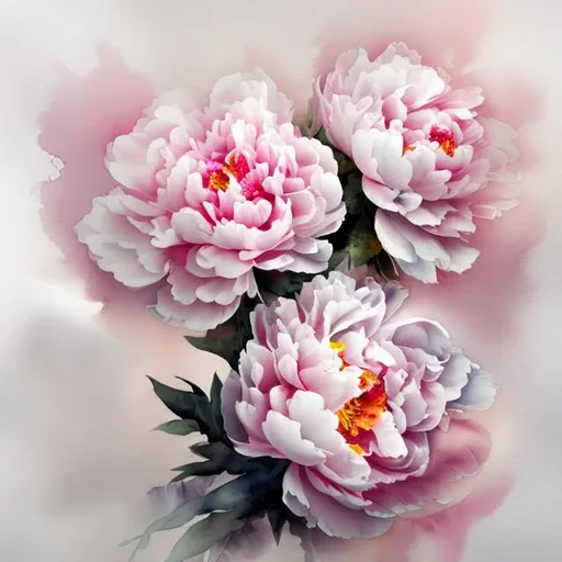 Prompt:  Pink white peach  soft Peony Flowers watercolor modern impressive technic painted art dark background
