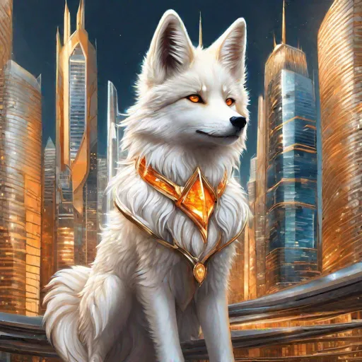 Prompt: (masterpiece, hyper detailed, epic digital art, professional illustration, fine colored pencil), Adolescent runt ((kitsune)), (canine quadruped), nine-tailed fox, dreamy amber eyes, fuzzy {white-gold} pelt, (golden necklace with brilliant orange gemstone), pointy brown ears, in a large futuristic city, skyscrapers tower above her, misty rain, clear puddles on floor, the city lights up against twilight, possesses ice, timid, curious, cautious, nervous, alert, expressive bashful gaze, slender, scrawny, fluffy gold mane, {frost} on face, dynamic perspective, frost on fur, fur is frosted, sparkling ice crystals in sky, sparkling ice crystals on fur, sparkling rain falling, frost on leaves, dreamy, melodic, highly detailed character, petite body, large ears, full body focus, perfect composition, trending art, 64K, 3D, illustration, professional, studio quality, UHD, HDR, vibrant colors