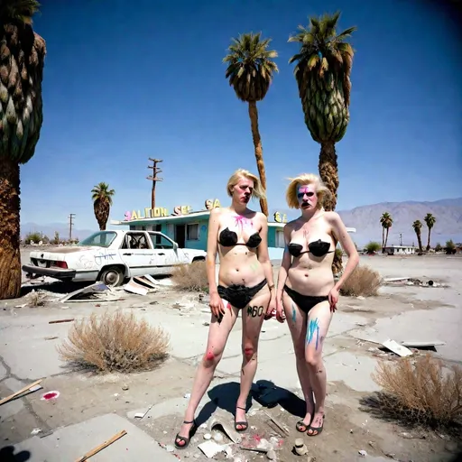 Prompt: at the salton sea a mob of beautiful blonde german lesbians vandalize bob solete's art at the derelict palms motel on the salton sea 