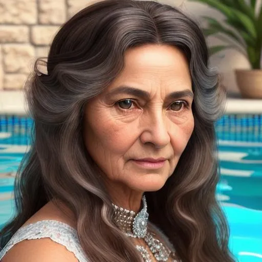 Prompt: long shot super detailed lifelike illustration, intricately detailed, dramatic lighting, European old woman , gorgeous detailed face, woman with longhair in the pool

masterpiece photoghrafic real digatal ultra realistic hyperdetailed , ruffles, highly detailed brown eyes, highly detailed beautiful gloss lips, highly detailed intricate fluffy black short hair, stray hairs, complex,

sitting in front of door of old rust antique ruined house in the fantasy harram, autumn environment, cozy environment, vintage environment, fantastical nostalgic mood,

hopeful, smile, iridescent reflection, cinematic light,

impressionist painting, Degas Style Painting,

volumetric lighting maximalist photo illustration 4k, resolution high res intricately detailed complex,

soft focus, digital painting, oil painting, heroic fantasy art, clean art, professional, colorful, rich deep color, concept art, CGI winning award, UHD, HDR, 8K, RPG, UHD render, HDR render, 3D render cinema 4D