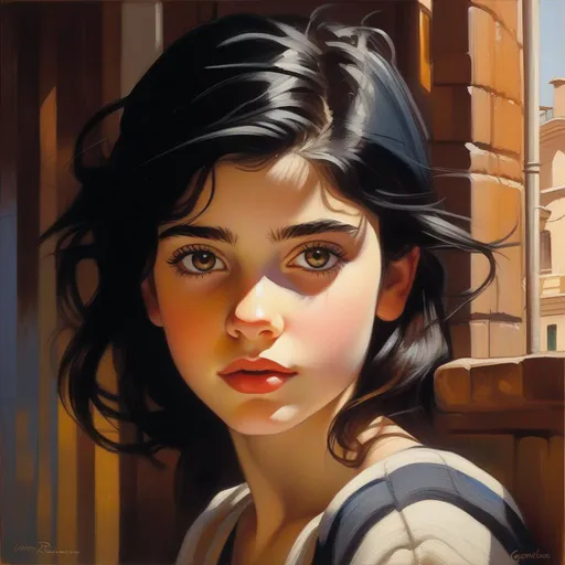 Prompt: Teenage Castizo girl, pale skin, black hair, dark brown eyes, in Montevideo, Uruguay, cartoony, cold atmosphere, extremely detailed painting by Greg Rutkowski and by Henry Justice Ford and by Steve Henderson