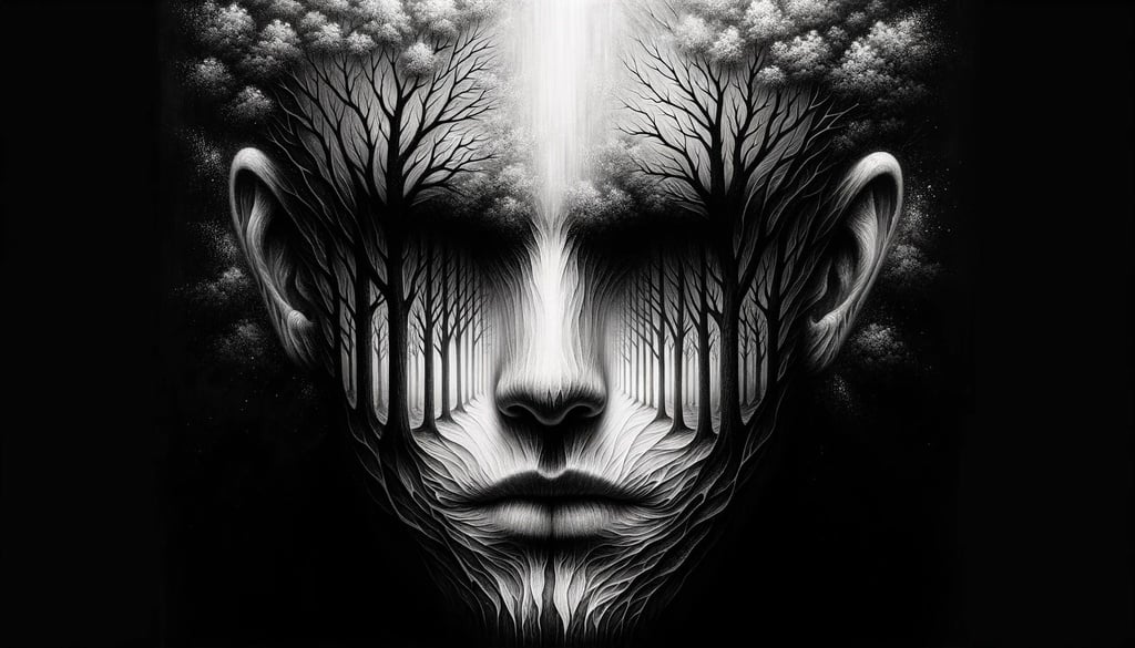 Prompt: black and white portrait painting of a face with trees on it, dark symbolism, detailed anatomy, naturalistic shadows, symmetrical harmony