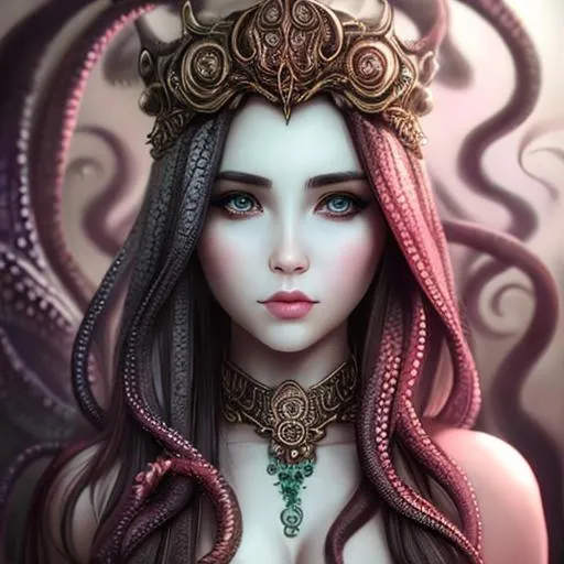 Prompt: Realistic, Beautiful, Female Cthulhu, face tentacles 
