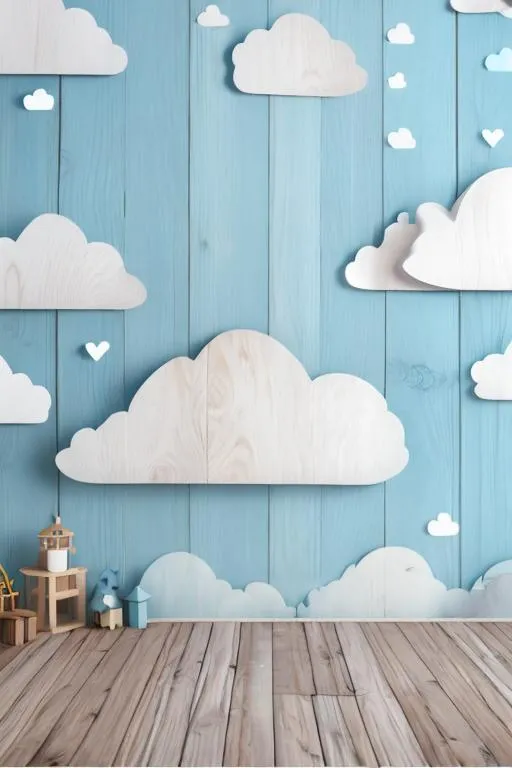 Prompt: baby blue wooden background with clouds and wooden floors