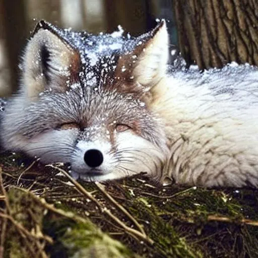 Prompt: Great old snow fox lying and sleeping in a den surrounded by dead trees in the winter with many snowflakes.