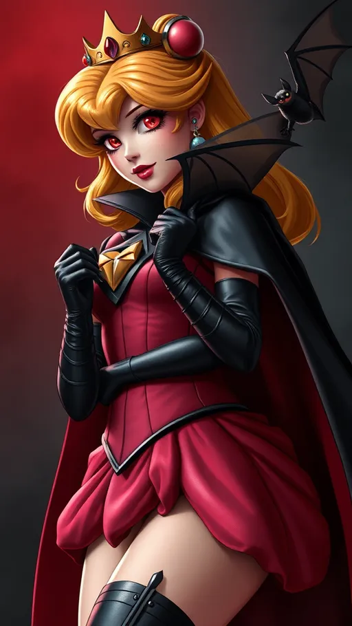 Prompt: princess peach get bitten by a vampire bat and start turning into a vampire her eyes turn red her gloves are now Black  and shine patten leather  and she has on a vampire cape with collar up get dress is short to show off her new thigh high heel boots