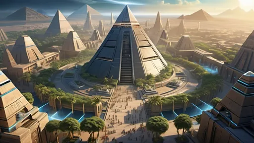 Prompt: Stargate in the middle of a city plaza, futuristic setting, aerial view, star portal, pyramid spaceships, floating pyramids, hanging gardens, detailed fantasy art, futuristic gardens, highres, detailed, aerial perspective, fantasy art, sci-fi, futuristic, star portal, detailed architecture, egyptian architecture, professional, magical lighting, atlantis setting