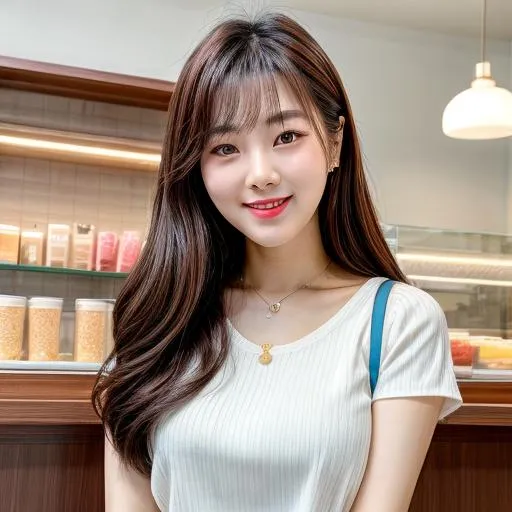 Prompt: HD photo of a Cute Korean woman in a cute korean bakery. Happy, Instagram photo, beautiful, Korean, k-beauty, makeup, lipstick, cutie, skinny